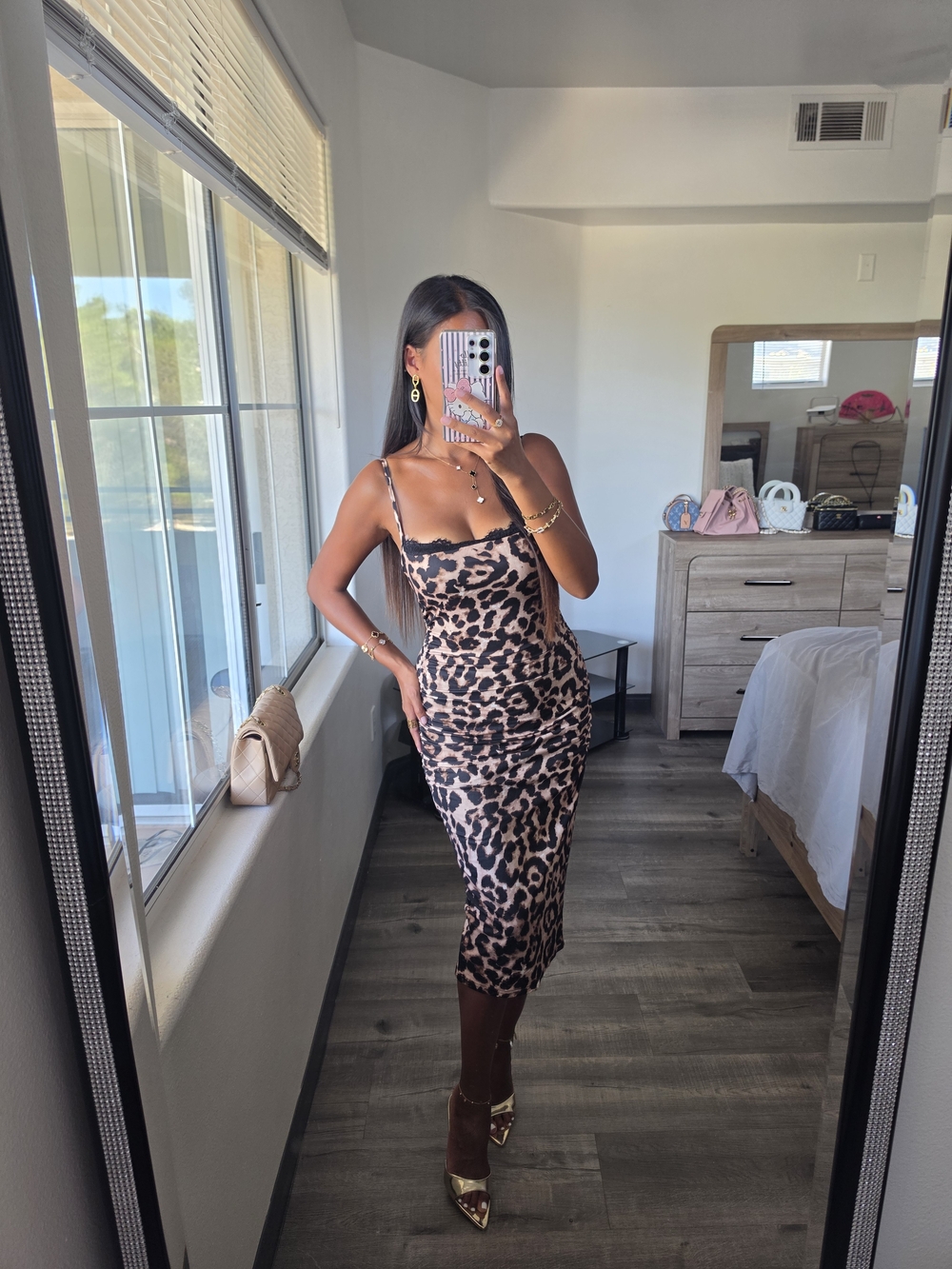 Leopard Print Slip Midi Dress - Nude/Black Very Stretchy - Picture 8 of 17